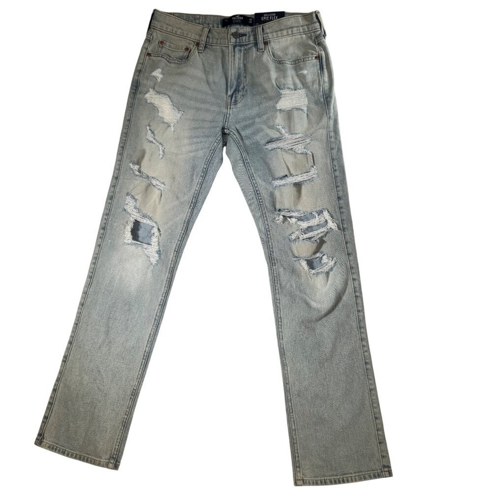 Hollister Men's Epic Flex Slim Straight Distressed Light Wash Jeans Size W31XL32